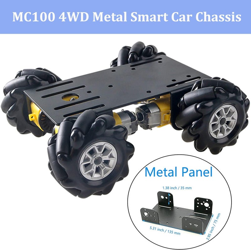 SmaringWing MC100 4WD Mecanum Wheel Car Chassis with TT Motor, Remote Control Smart Car Kit with 60mm Omnidirectional Wheel for Arduino/Raspberry pi/Micobit, Metal Frame Robot Chassis for DIY Learning (Black) - Image 3